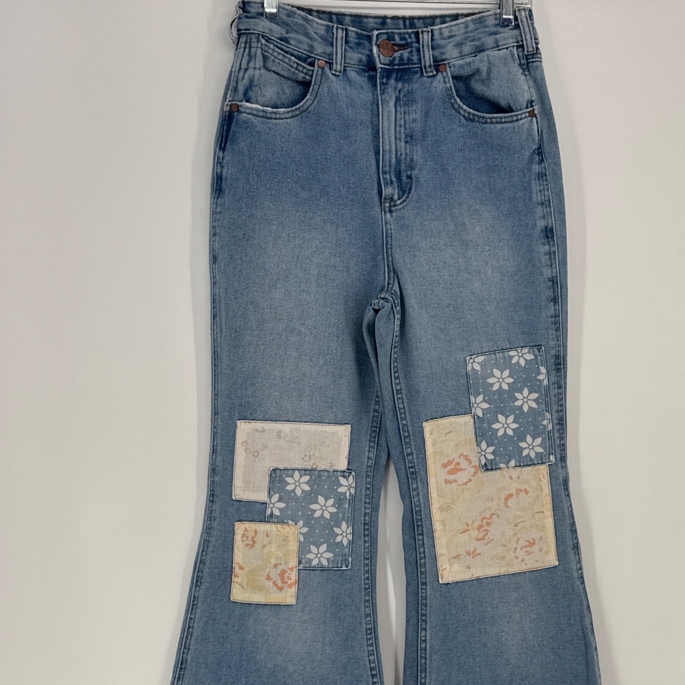 Billabong Wrangler Womens Flare Jeans 28 Blue Patchwork High Rise Bell Bottom - Picture 3 of 9